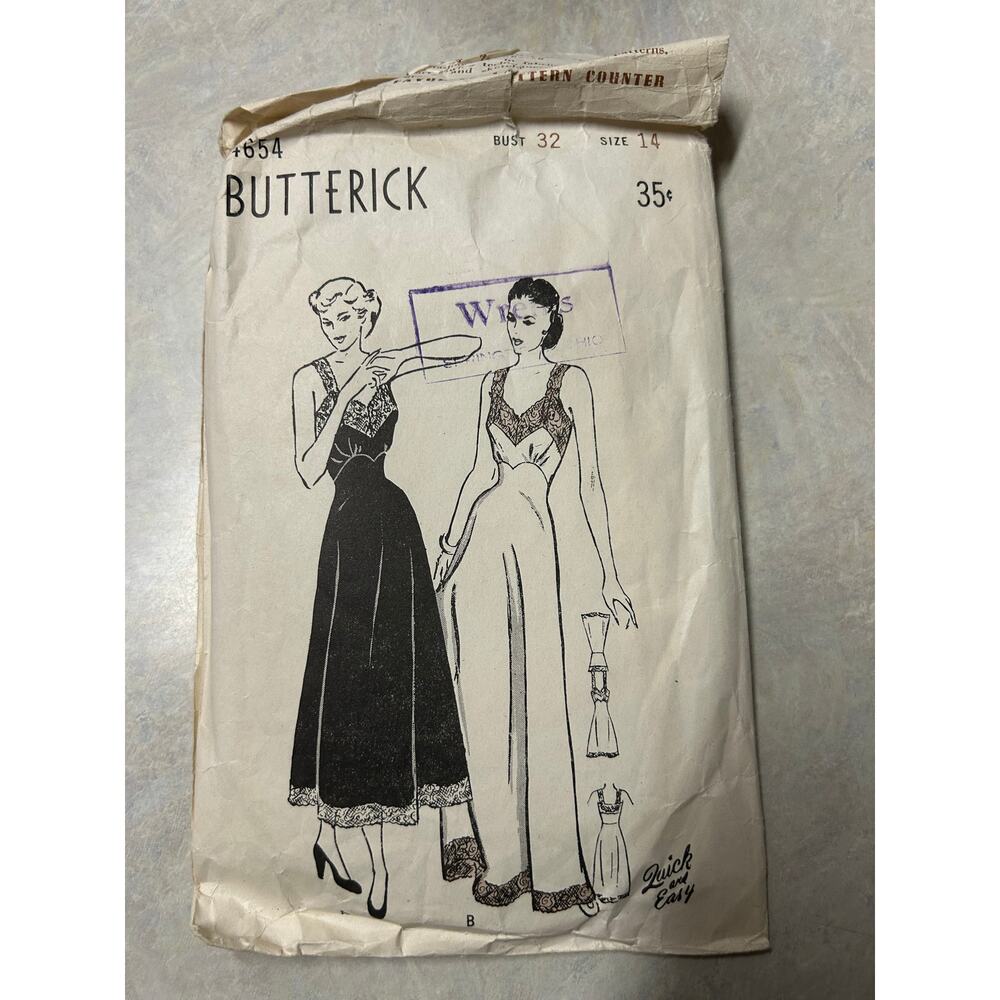 Vintage 1940's Butterick Pattern #4654 Women's and Misses Slips Size 14 HTF
